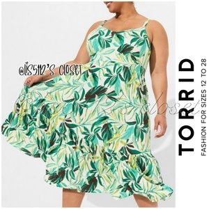 Torrid Green Painted Tropical Leaf Super Soft Tiered Midi Swing Dress 1X 14 16